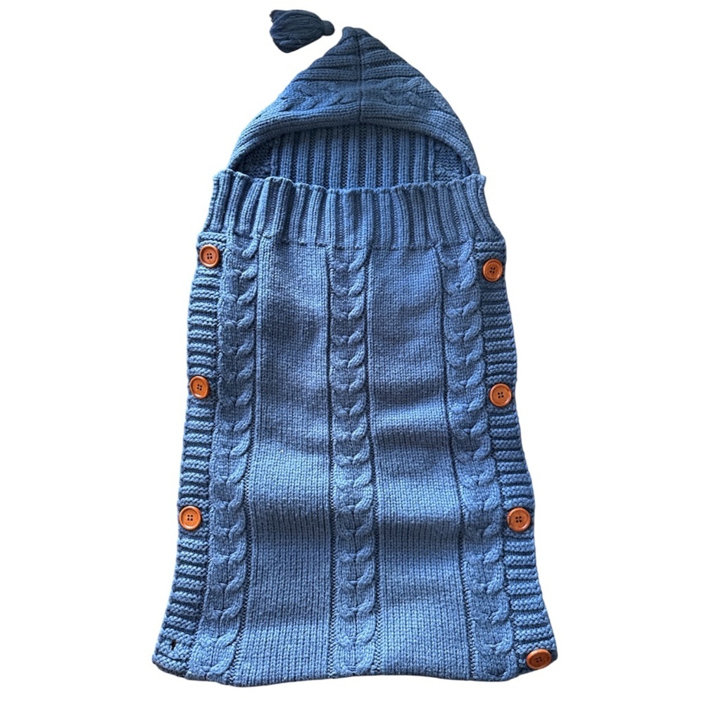 5/$20 Baby cable sweater blanket bunting, button side, hooded, blue, warm & cozy